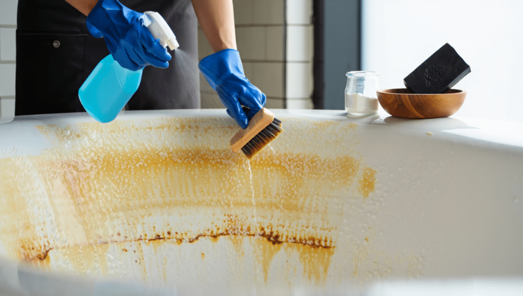 Nettoyage profond d'une baignoire très sale et jauni