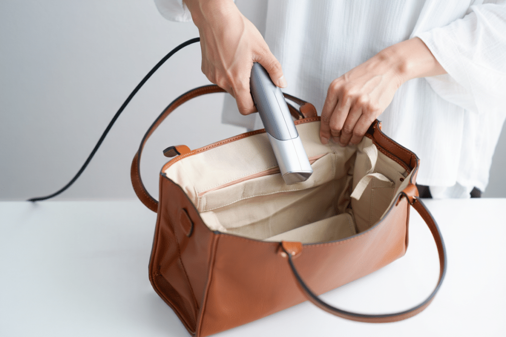 Nettoyage de l'interieur d'un sac avec un mini aspirateur