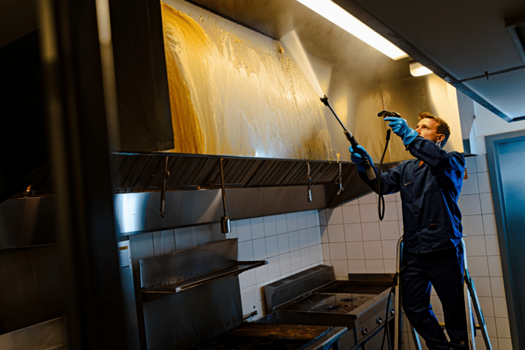 Professionnel de nettoyage d'une hotte de cuisine