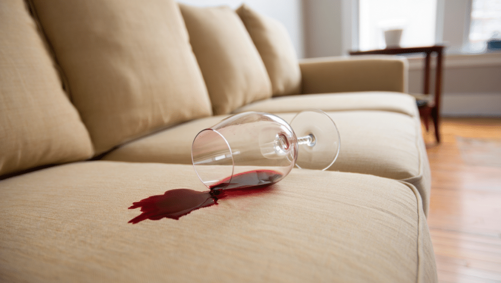 Tache de vin rouge fraîche sur canapé beige