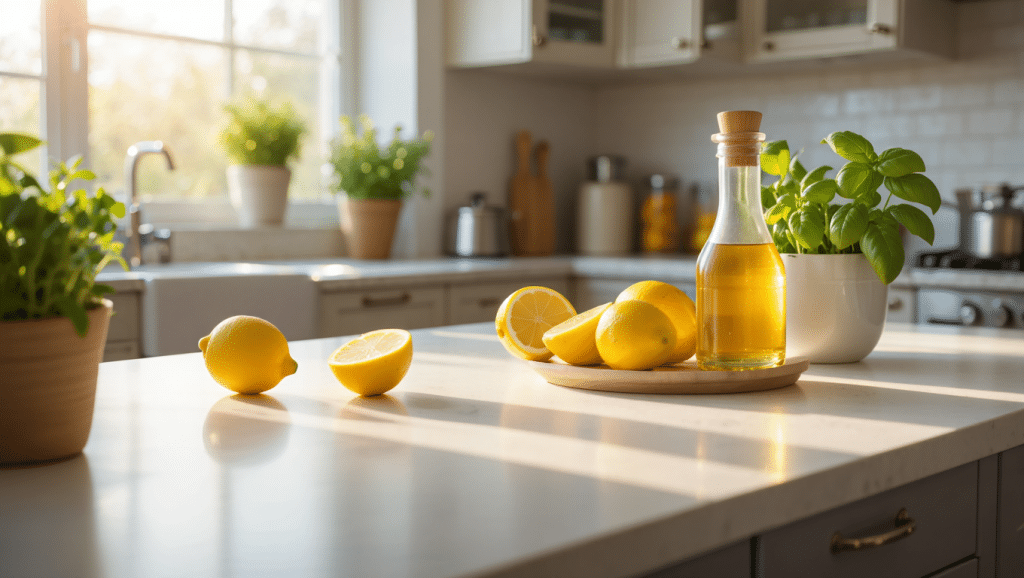 Nettoyer cuisine : produits naturels sur un plan de travail propre