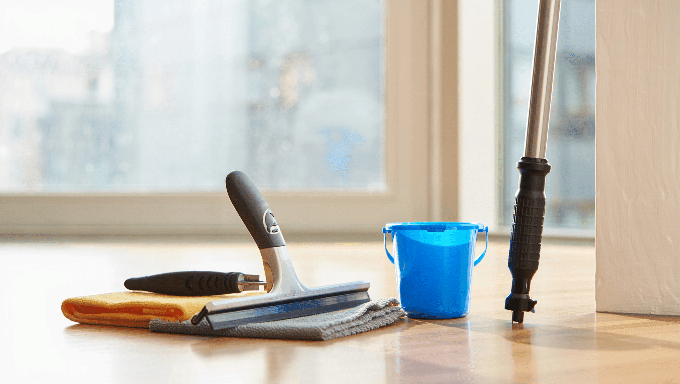 Matériel de nettoyage de vitre professionnel : raclette, mouilleur et perche télescopique