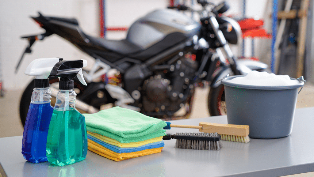 Kit de nettoyage moto complet posé sur un établi de garage avec sprays, brosses et chiffons microfibre