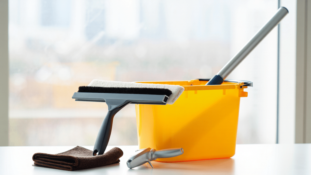 Matériel de nettoyage de vitres professionnel disposé sur une surface blanche : raclette, mouilleur, perche télescopique et seau