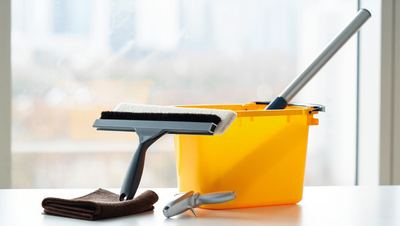 Matériel de nettoyage de vitres professionnel disposé sur une surface blanche : raclette, mouilleur, perche télescopique et seau