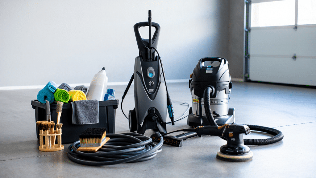 Matériel de nettoyage voiture professionnel disposé dans un garage avec nettoyeur haute pression et microfibres