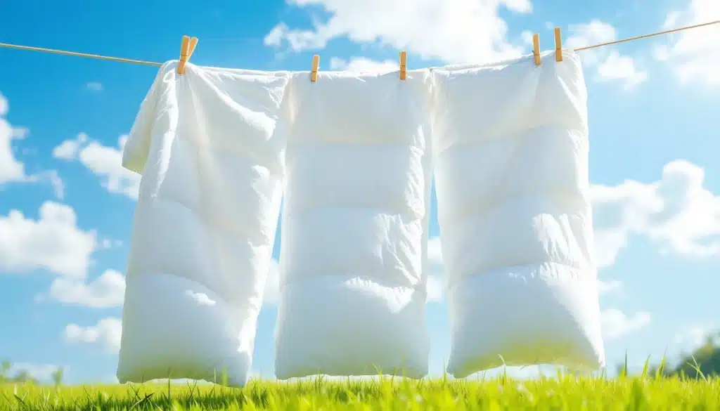 Comment laver une couette en machine : couette blanche fraîchement lavée séchant au soleil