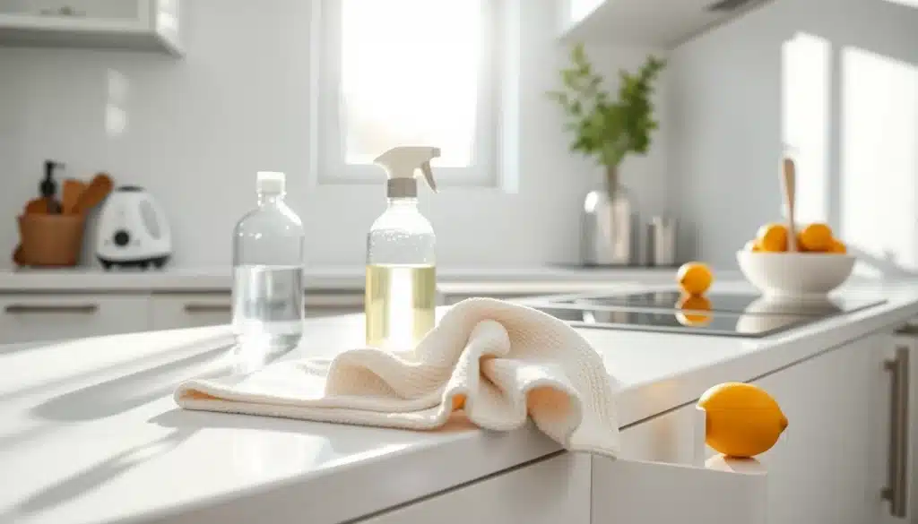 Cuisine moderne en cours de nettoyage avec produits naturels — nettoyer cuisine