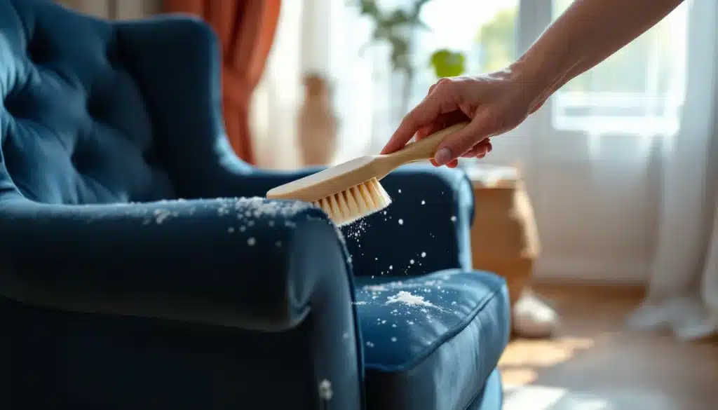 Nettoyer un fauteuil en velours avec une brosse douce dans un salon lumineux