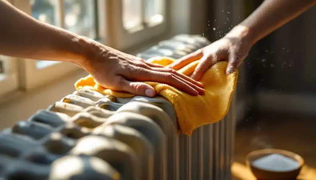 Nettoyer un radiateur en fonte avec un chiffon microfibre et du vinaigre blanc