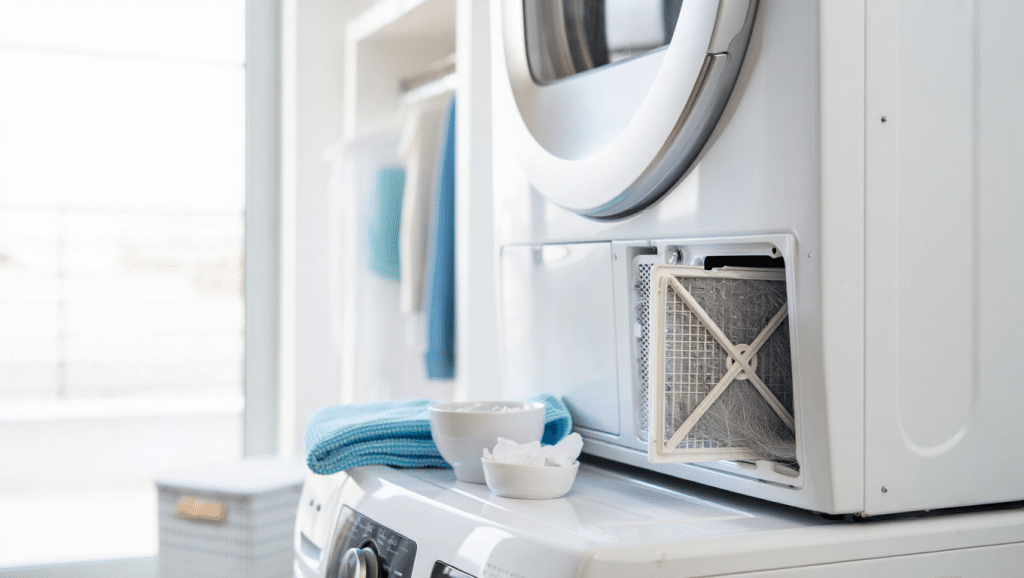 Nettoyer un sèche-linge : filtre à peluches sorti pour nettoyage dans une buanderie moderne