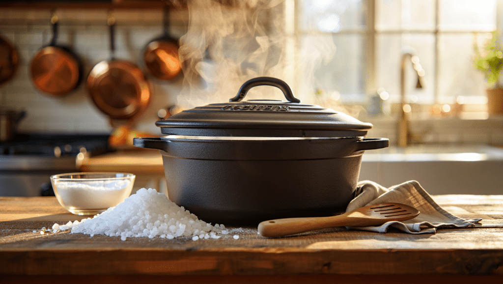 Nettoyer une cocotte en fonte avec des ingrédients naturels sur un plan de travail en bois