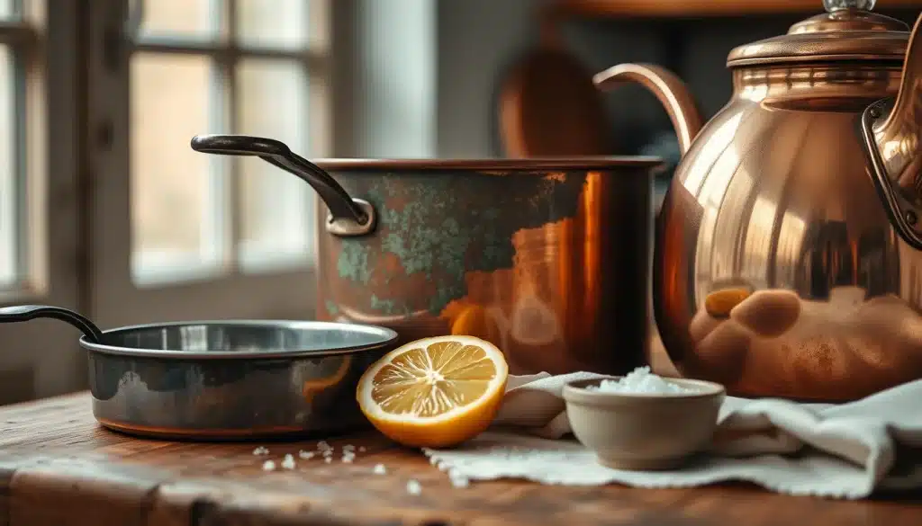 Nettoyer du cuivre : casserole patinée et bouilloire polie, citron et gros sel
