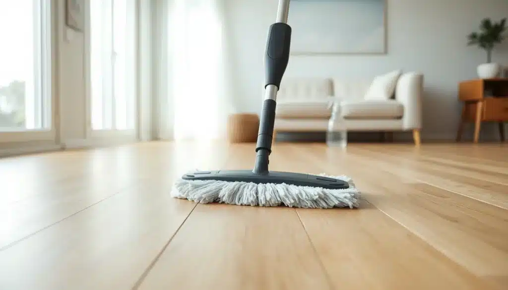 Nettoyer un parquet flottant avec une serpillière microfibre à peine humide