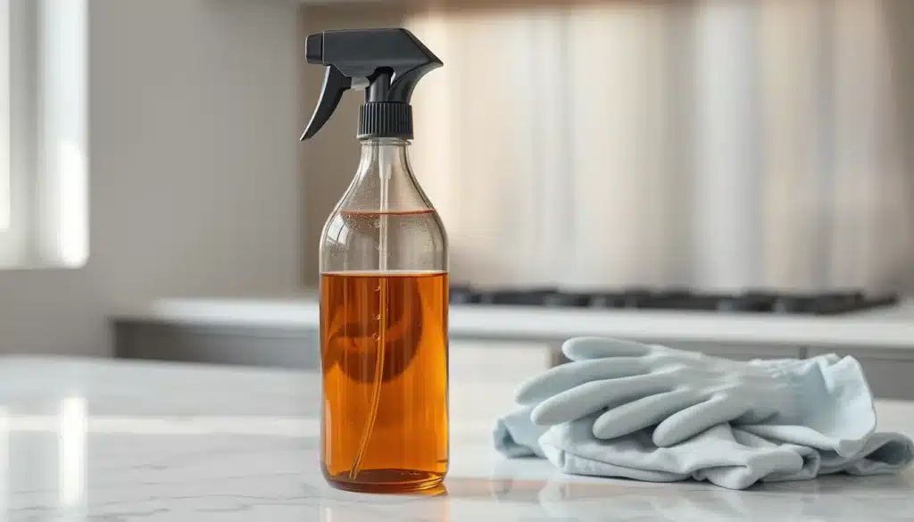Flacon spray d'alcool ménager posé sur un plan de travail avec chiffon microfibre et gants