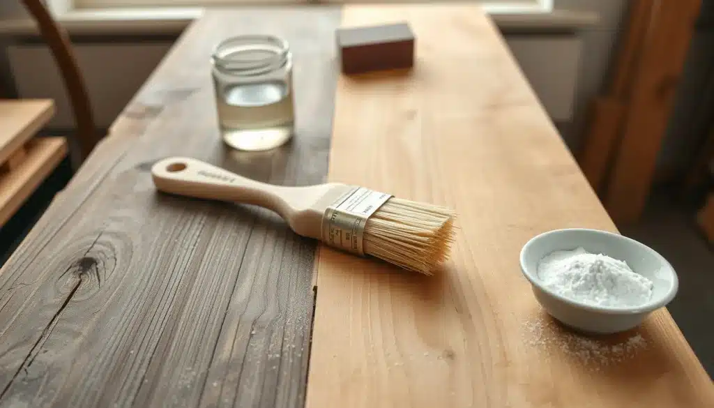 Planche de bois en cours de blanchiment, moitié grisée et moitié éclaircie