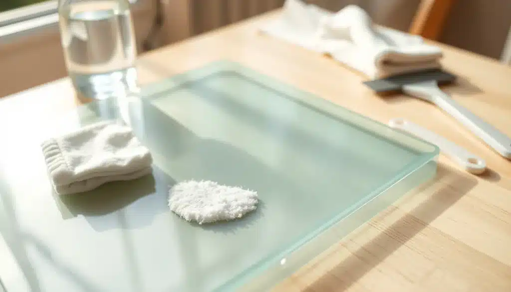 Résidu de colle sur une surface en plastique avec chiffon microfibre et spatule pour l'enlever sans abîmer
