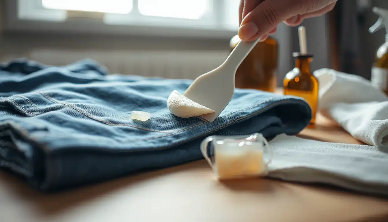Comment enlever du chewing-gum sur un vêtement : grattage du résidu sur un jean après passage au froid