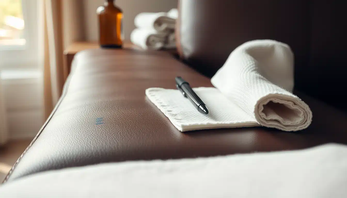 Trace de stylo sur un accoudoir en simili cuir avec coton et chiffon microfibre pour enlever le stylo sur du simili cuir
