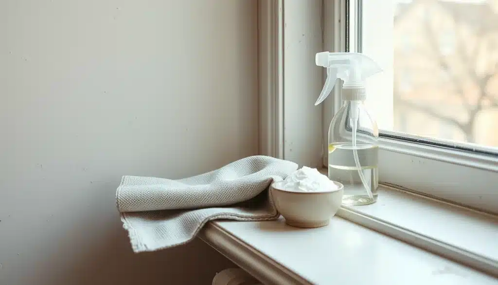 Crotte de mouche sur un mur blanc et une vitre, avec chiffon microfibre et vinaigre blanc