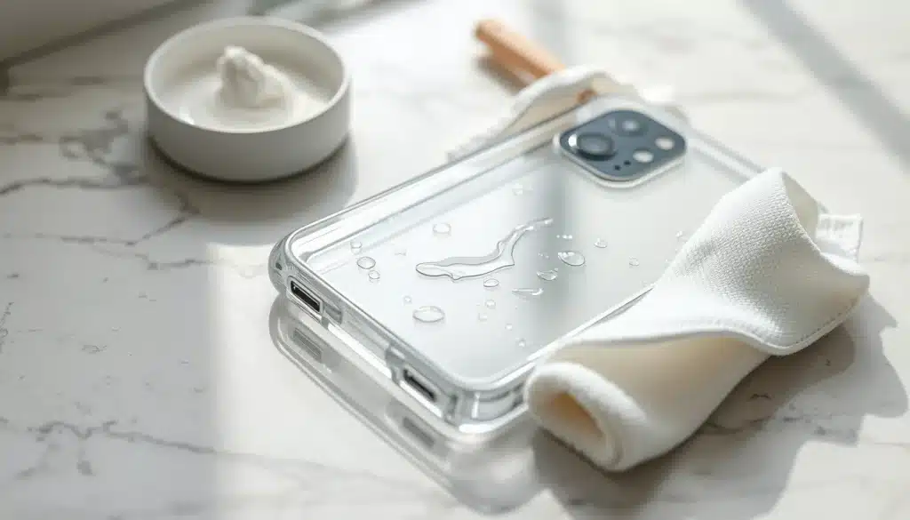 Nettoyer une coque transparente de téléphone avec un chiffon microfibre et du bicarbonate
