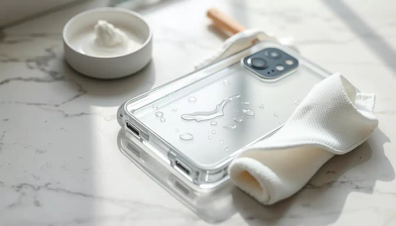 Nettoyer une coque transparente de téléphone avec un chiffon microfibre et du bicarbonate