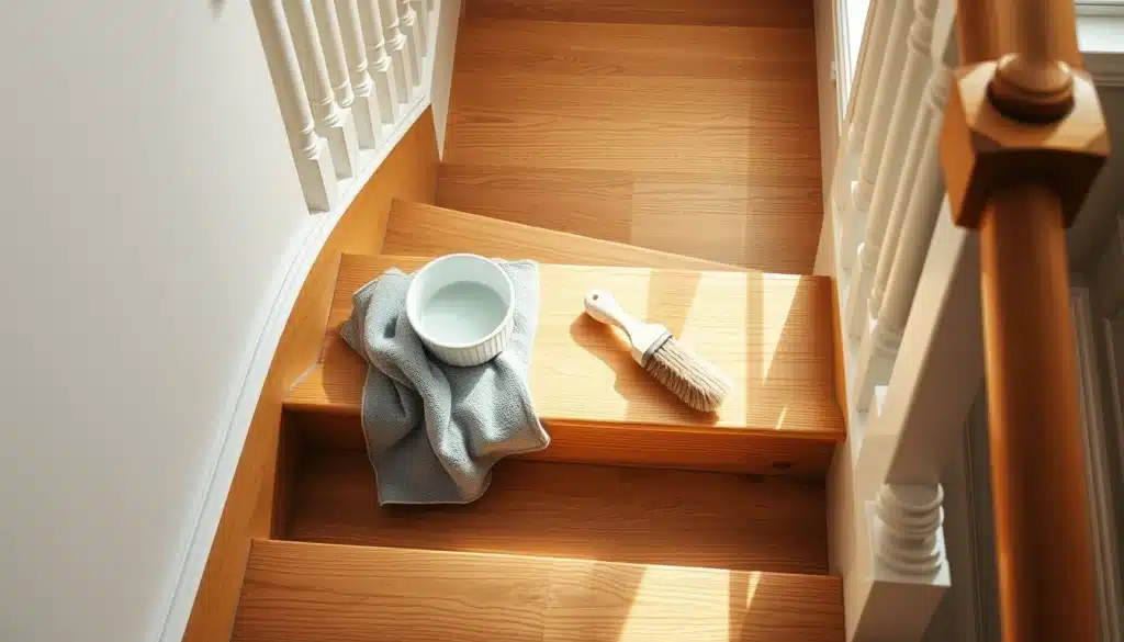Nettoyer un escalier en bois avec un chiffon microfibre et du savon noir dilué